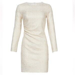 Shoshanna English Breakfast Dress Long-Sleeved Side-Ruched Metallic Gold Ivory 6